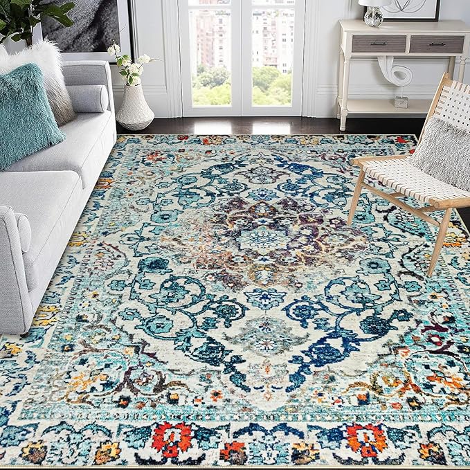 Easy-Going Area Rug 5x7 Washable Boho Rugs for Living Room Non-Slip Bedroom Rug Low Pile Lightweight Medallion Distressed Throw Rug for Dining Room Kitchen Home Office Carpet, Vintage Multi