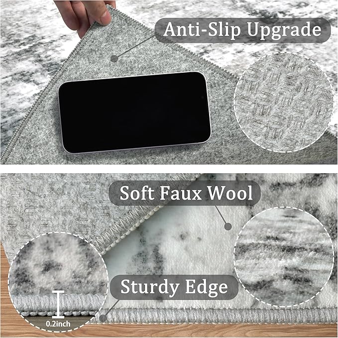 8x10 Machine Washable Area Rug for Living Room, Grey Modern Vintage Abstract Rug Large Non-Slip Low Pile Soft Faux Wool Carpet, Kids and Pets Friendly for Bedroom Dining Room Farmhouse Home Decor Rug