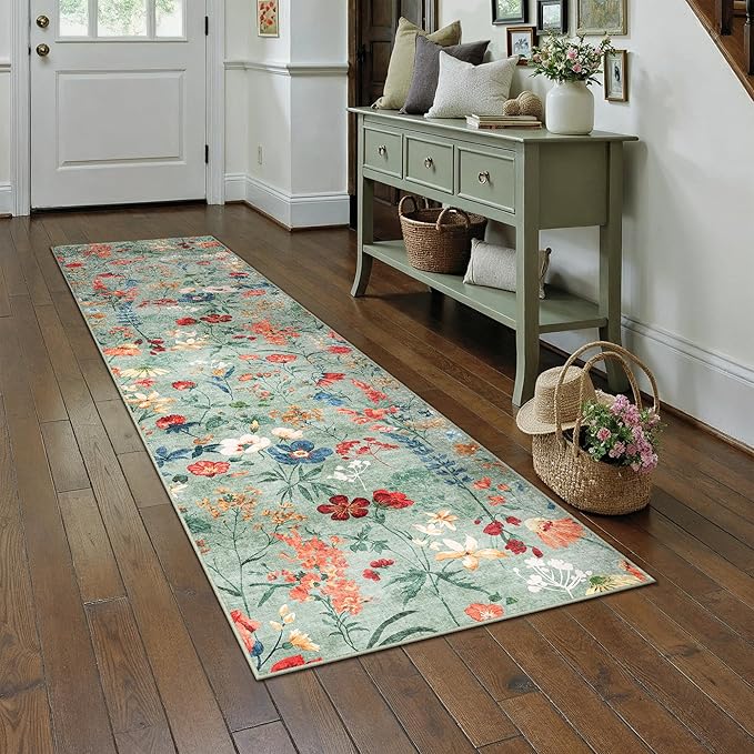 Floral Runner Rug 2x10 Washable Hallway Long Green Bedroom Carpet Non Slip Indoor Boho Kitchen Low Pile Accent Rug Lightweight Soft for Bathroom Dining Laundry Living Room