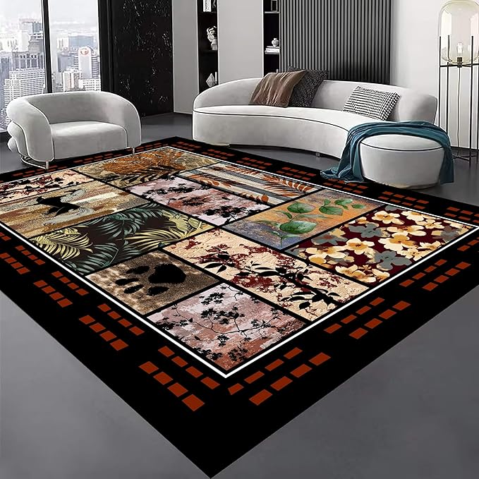 Rustic Cabin Area Rug 5x7ft, Animal & Moroccan Plaid Pattern Vintage Boho Carpet, Stain-Resistant Pet-Friendly & Non-Slip Low Pile for Living Room, Bedroom, Dining Room