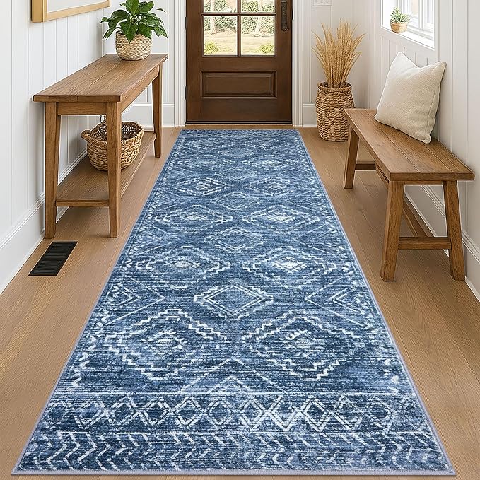 KILOCOCO Hallway Runner Rug 3x8 Runners for Hallways Washable Runner Rug Non Slip Rubber Backed Low-Pile Runners for Bedroom Kitchen Living Room Laundry Room Boho Rugs, Stonewashed Blue
