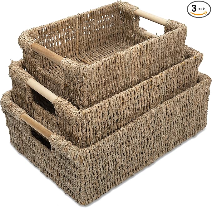 VATIMA Seagrass Baskets with Wooden Handles, Set of 3 Decorative Natural Wicker Baskets for Kitchen