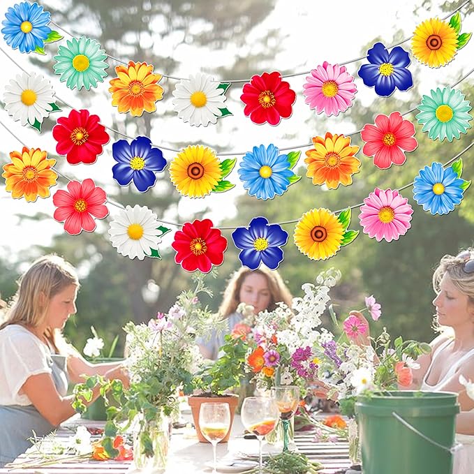 2pcs Colorful Daisy Flower Garland Banner, Spring Summer Floral Bunting Hanging Decor for Birthday Baby Shower Wedding Garden Tea Pool Party Supplies