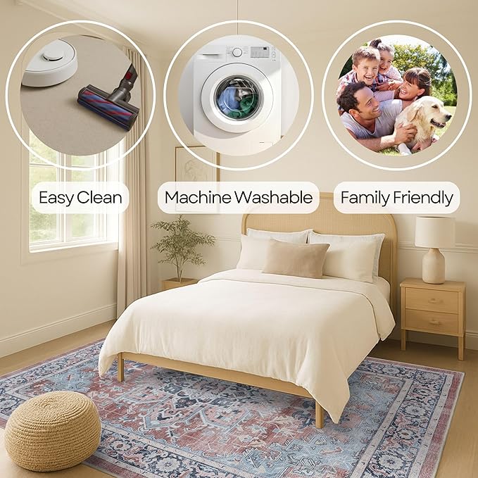 Fame Rugs Turkish Rug. Washable Vintage Oriental Antique Inspired Traditional Doormat Small Modern Area Rugs Luxury Entryway Entry Bedroom Bathroom Kitchen (401TB, 2'5 x 13'1)