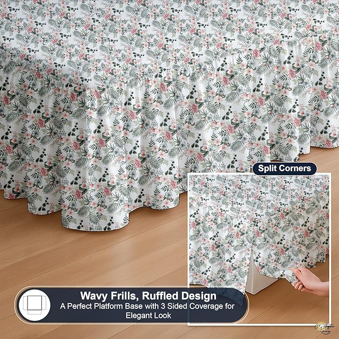 Cottington Lane Ruffled Bed Skirt Queen Size with Split Corner, Brushed Microfiber Hotel Quality Dust Ruffle, 15 Inch Drop Gathered Bedskirt, Soft, Stylish, Shrink & Fade Resistant, Petal Dream
