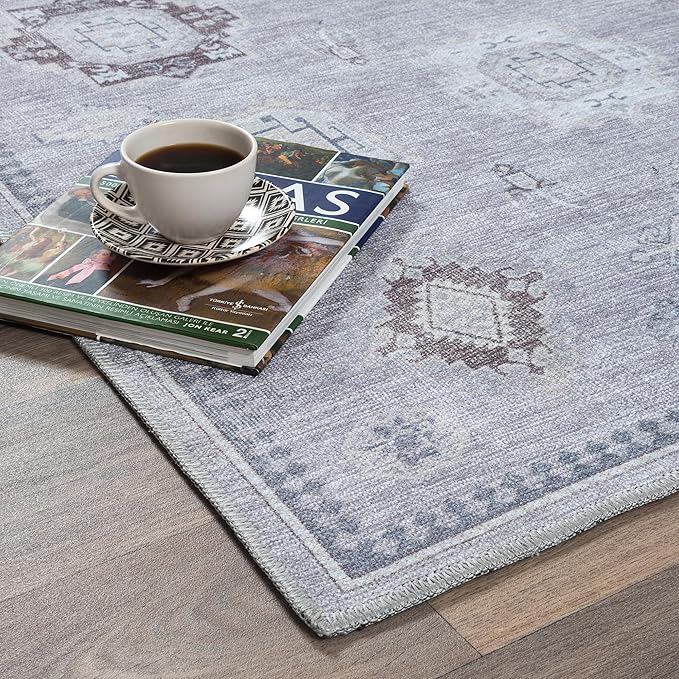 Fame Rugs Turkish Rug. Washable Vintage Oriental Antique Inspired Traditional Doormat Small Modern Area Rugs Luxury Entryway Entry Bedroom Bathroom Kitchen (393VG, 2'5 x 13'1)