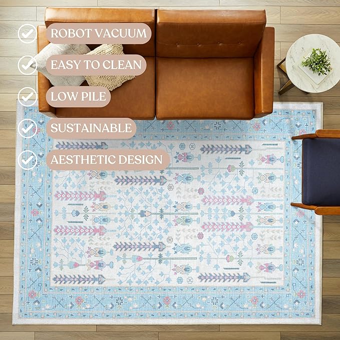 Fame Living Cream Blue Oushak Rug, Modern, Vintage, Turkish, Eclectic, Floral, Pastel, Washable, Large Area Rugs for Living Room, Dining, Bedroom, Girls, Boys, 7'5"x9'8"
