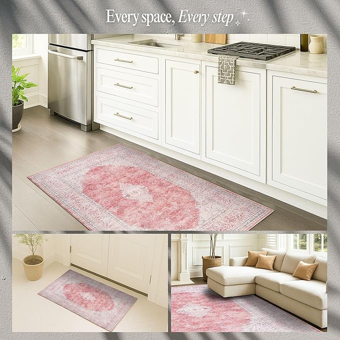 Fame Rugs Turkish Rug. Washable Vintage Oriental Antique Inspired Traditional Doormat Small Modern Area Rugs Luxury Entryway Entry Bedroom Bathroom Kitchen (410CP, 2'5 x 9'8)