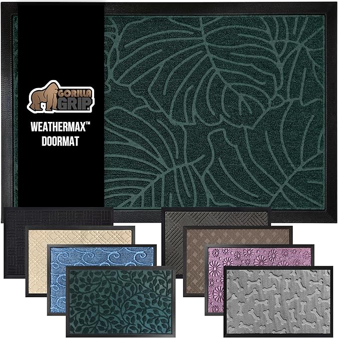 GORILLA GRIP 100% Waterproof All-Season WeatherMax Doormat 35x23, US Designed Natural Rubber, Stain and Fade Resistant, Low Profile Indoor Outdoor Door Mats, Easy Clean Patio Mat, Green Palm