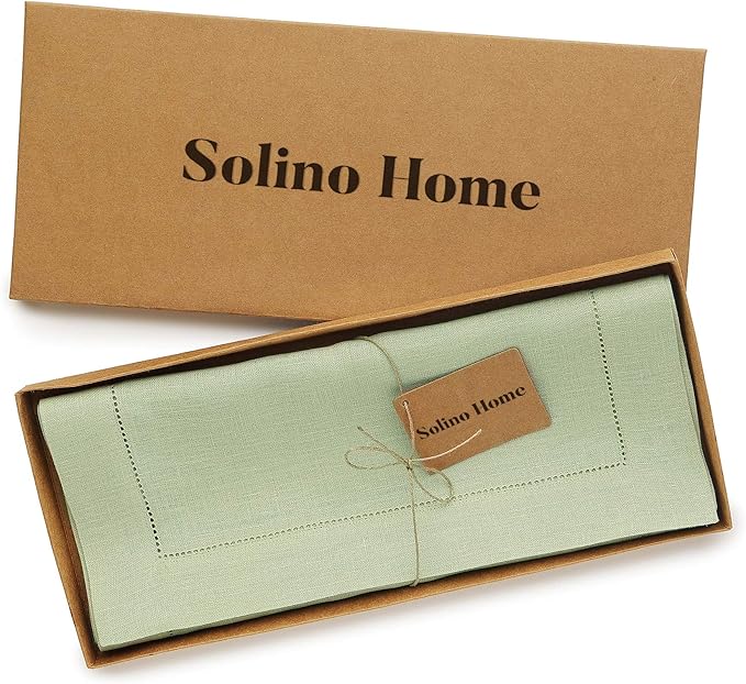 Solino Home Linen Sage Green Table Runner 120 Inches Long - 100% Pure Linen Hemstitch 14 x 120 Inch Table Runner for Dining, Christmas, New Year - Classic Hemstitch