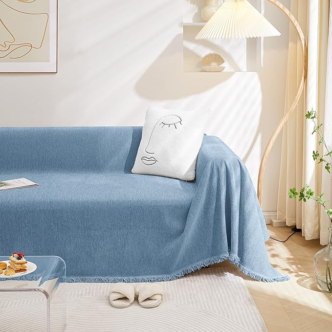 MEETSKY Washable Chenille Sofa Cover Couch Cover for 2 Cushion L Shape Sofa Recliner Sofa Slipcovers with Tassel Thick Couch Protector, 71" x 118", Blue