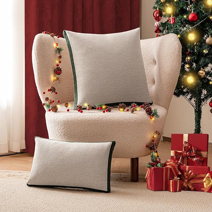 a moment Christmas Dark Green Loop Yarn Linen-Like Pillow Cover Natural Soft Decorative Throw Pillow Case Farmhouse 12x20 Inch, Textured Cushion Cover for Sofa Bed, Wrinkle-Resistant Home Decor