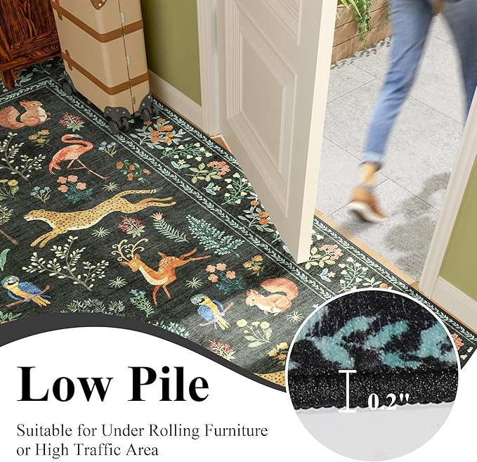 DUKINO 4ft Round Rug, Washable Round Area Rug, Non Slip Indoor Low Pile Animal Design, Soft Small Vintage Circle Carpet for Bedroom, Entryway, Living Room, Dining Room, Black