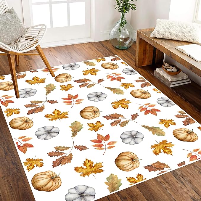 Pumpkin Area Rug, 5x8ft, Fun Vibrant Autumn Harvest Fallen Leaves Pumpkin Plant White Fall Porch Rug, Sturdy Non Slip Easy-Washing Fall Decorations for Home Bedroom