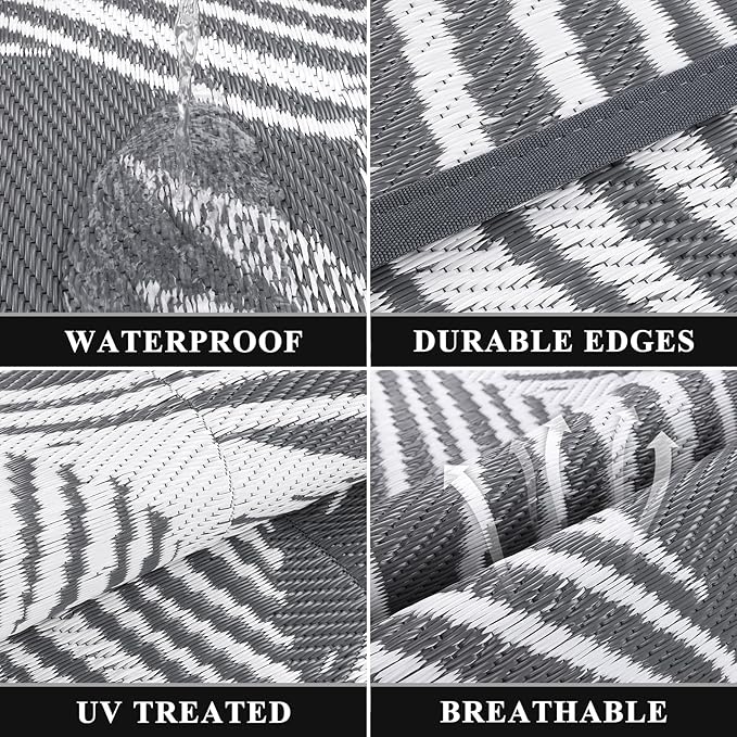 Pauwer Waterproof Outdoor Rug 6x9, Reversible Plastic Straw Patio Camping Rug, Indoor Outdoor RV Mat Carpet for Deck, Camper, Porch, Balcony, Backyard, Picnic, Leaf Grey