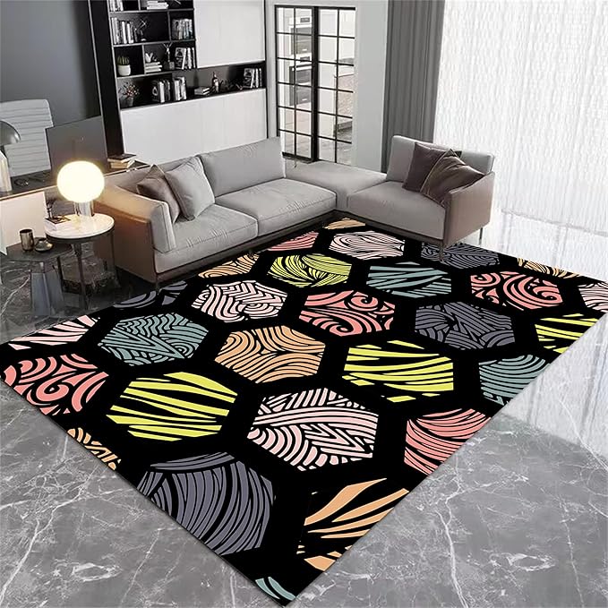 Large Living Room Area Rug 4x6ft,Modern Geometric Rugs, Multicolor Low Pile Farmhouse Carpet, Machine Washable & Non-Slip Non-Shedding for Classroom, Bedroom & Dorm