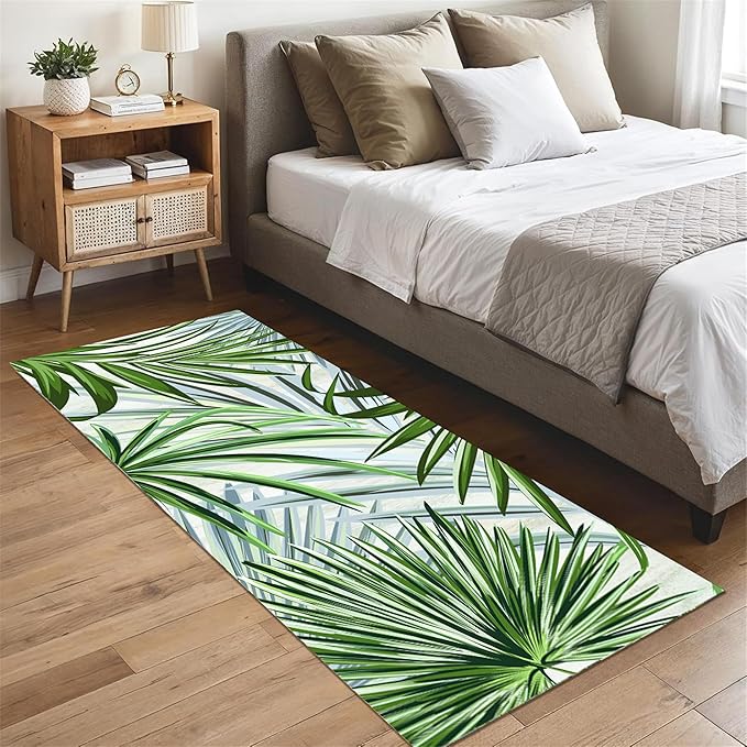 Hall Runner Rug 2.6x10 ft Non-Slip - Tropical Palm Leaves Design in Emerald Green - Easy Clean Washable Carpet for Hallway, Entryway, Bedroom - Durable Floor Decor