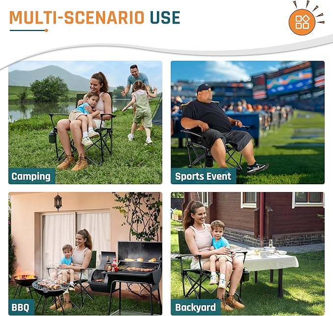 Folding Camping Chairs for Adults Heavy Duty Plus Size Camping Chairs 400 lb Steel Frame Metal Arm Lawn Chairs with Cup Holder, Extra Large Camp Chair for Outdoor Sports, Green 4 Pack (2 Pack x 2)