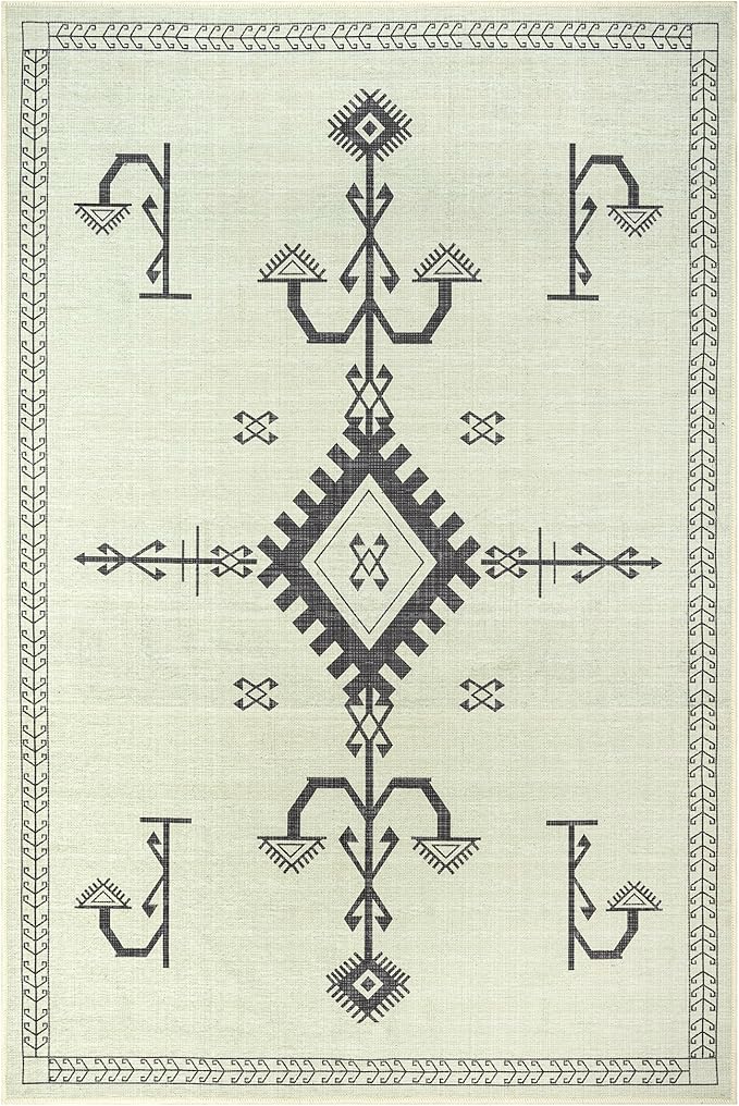 GLN Rugs Contemporary Collection - Machine Washable Area Rug, Contemporary Washable, Non Slip, Low Pile Chenille Rug, Living Room, Bedroom, Kitchen Rug (9' x 12' Cream/Anthracite)