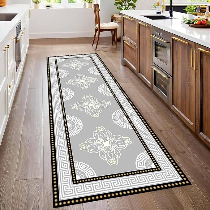 Boho Long Runners Carpet, 2x8ft, Modern Geometric Bohemian Print with Greek Key Grey Long Hallway Rug, Low-Profile Non Slip Rubber Backed Flat Rugs for Relax Room Entryways