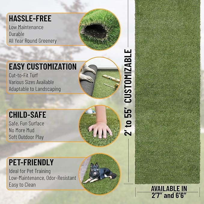 Ottomanson 2'7" x 20' Artificial Faux Grass Rug - Realistic Turf with UV Protection - Perforated for Easy Drainage - Durable, Hose-Off Synthetic Lawn Carpet for Indoor & Outdoor Use, Green