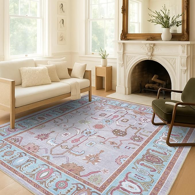 Fame Living Pink Oushak Rug, Modern, Vintage, Turkish, Eclectic, Floral, Pastel, Washable, Oversized, Extra Large Area Rugs for Living Room, Dining, Bedroom, Lounge 9'5"x14'