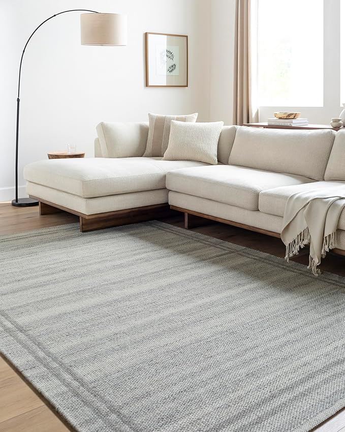 Mark&Day Wool Rugs, 4x6 Janmichael Solid and Border Gray Area Rug, Grey Ivory Carpet for Living Room, Bedroom or Kitchen (3'6" x 5'6")