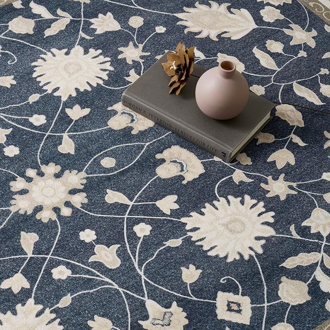 EVERGRACE Area Rugs for Entryway 2x3, Boho Floral Faux Wool Indoor Outdoor Small Rugs, Washable Rugs for Bedroom Bathroom Laundry Doormat, Low Pile Floor Mat Carpet for Home Decor, Navy Blue