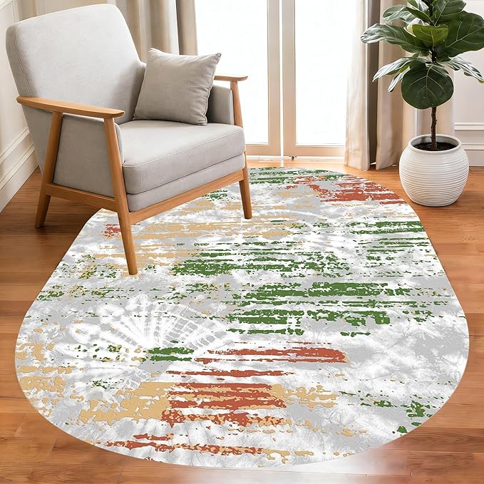 Distressed Abstract Art Aesthetic Deco Indoor Oval Rugs 5x8 for Living Room Bedroom Dining Room Soft Non Skid Easy Clean Big Carpet Nursery Dorm Farmhouse Rustic Grey Green Tie-Dye Texture Area Rug