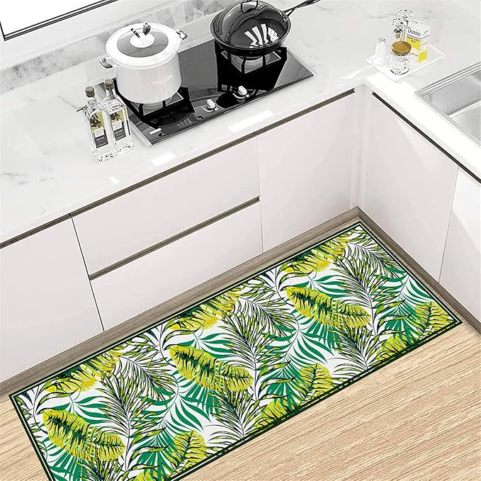 Green Botanical Tropical Leaves Rug 1.3x7ft - Non-Slip Washable Runner, Soft Durable Floor Mat for Hallway, Kitchen, Bedside, Entryway Home Decor