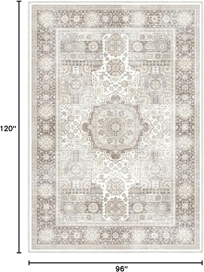 8x10 Rug - Cream & Grey Area Rug - Foldable Non Slip Vintage Rugs for Living Room - Modern Area Rugs 8x10 - Boho Living Room Rugs for Bedroom Dining Room, Distressed Pattern Carpet