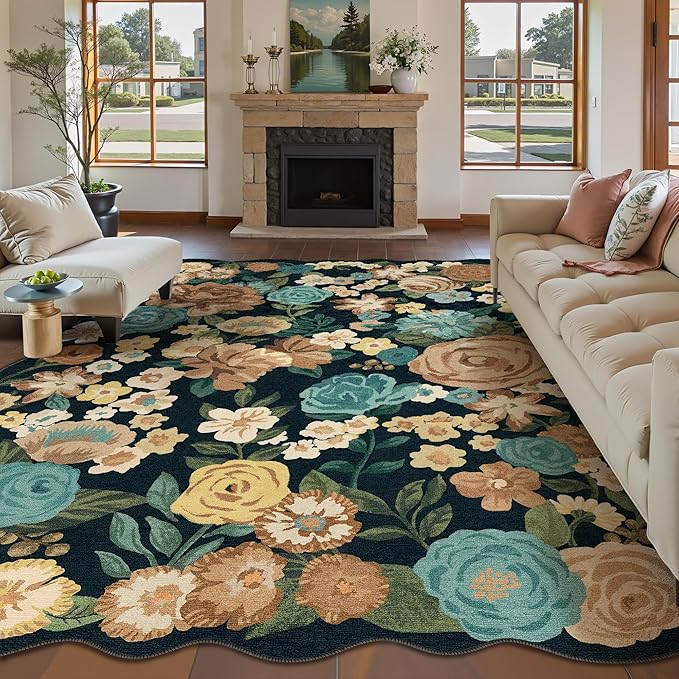 Washable Floral Area Rug 6x9 Black Living Room Large Carpet Bedroom Scalloped Flower Non Slip Soft Throw Rug Farmhouse Low Pile Thin Indoor Floor Cover for Dining Room Office