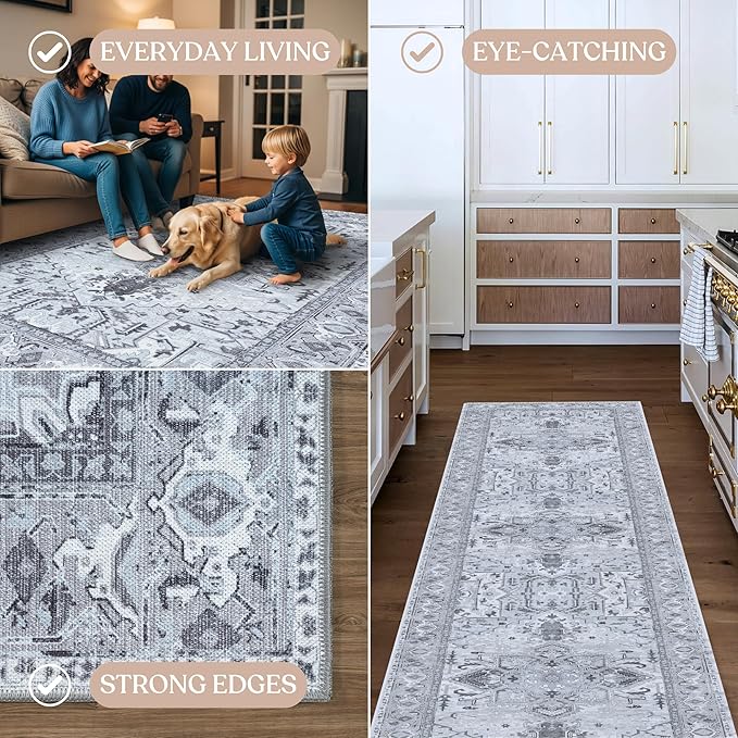 Washable Area Rug, Modern Farmhouse, Vintage, Turkish, Bohemian, Distressed, Oriental, Traditional, Rugs for Living Room, Dining, Bedroom, Office, Entryway, Foyer, (861GG, 2' x 3')