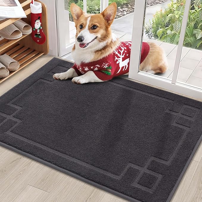 BEQHAUSE Door Mat 24" x 36", Non-Slip Door Mats Indoor Entryway Rugs Washable Low-Profile Absorbent and Stain Resist Floor Mats, Dog Door Mat for Front Back Door, Muddy Wet Shoes & Paws, Dark Grey