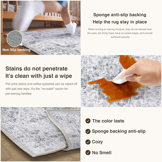 HUGEAR Washable Hallway 2x8 Runner Rugs Retro Grey Vintage Distressed Non Slip Stain Resistant Low Pile Neutral Throw Carpet for Bedside Kitchen Entryway Home Decor