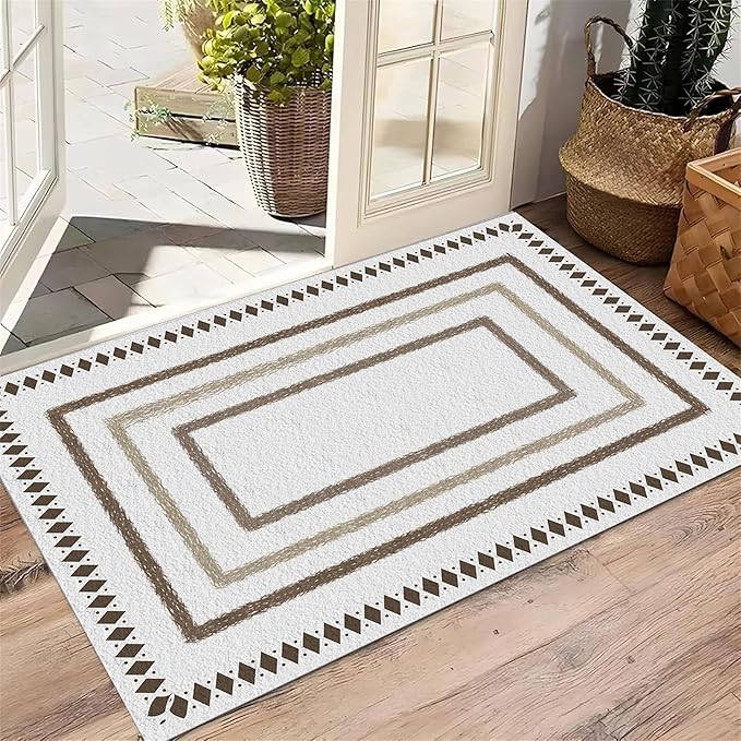 Moroccan Farmhouse Area Rugs 5x7ft, Neutral Geometric Pattern in Off-White Rug, Low Pile Machine Washable & Non-Slip Soft Carpet for Living Room, Bedroom & Dining Room
