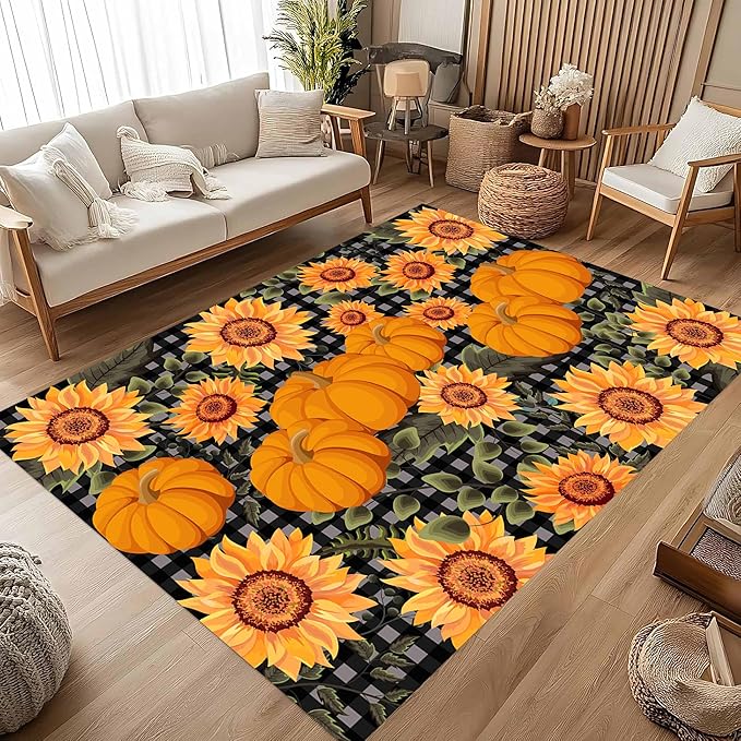 Autumn Style Area Carpet, 3x4ft, Checkered with Sunflower and Pumpkin Fall Harvest Large Flower Rug, Fluffy Short Pile Rubber Backed Farmhouse Door Mat for Study Room Front Door
