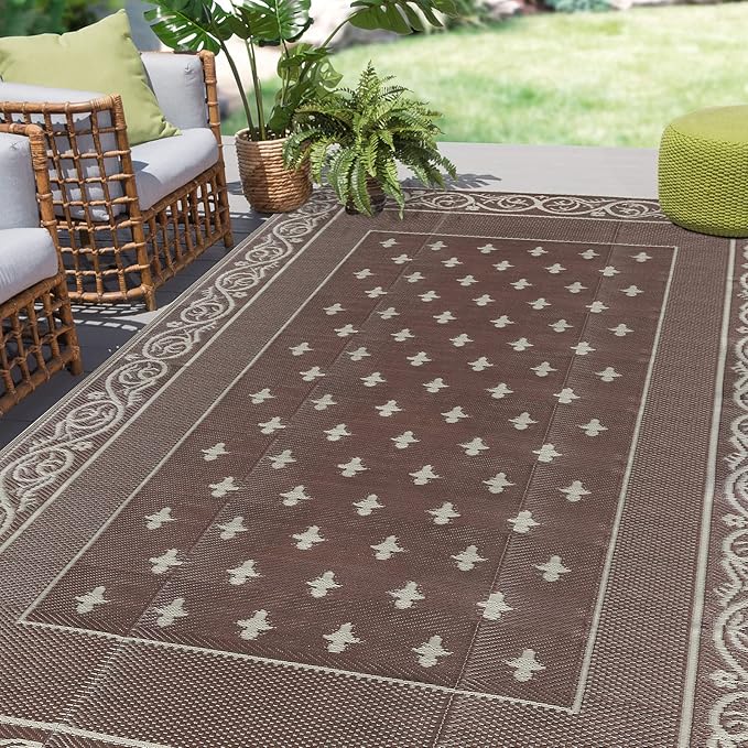 Pauwer Waterproof Outdoor Rug 6x9, Reversible Plastic Straw Patio Camping Rug, Indoor Outdoor RV Mat Carpet for Deck, Camper, Porch, Balcony, Backyard, Picnic, Bordered Brown