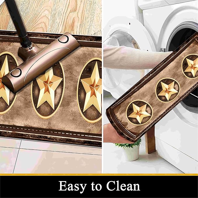 Gold Five-Point Star Runner Rug, 2.6x7ft Washable Hallway Badge Carpet, Corridor Accent Rugs, Stylish Decorative Runner for Home Hallway & Foyer, Vintage Style Non-Slip Mat