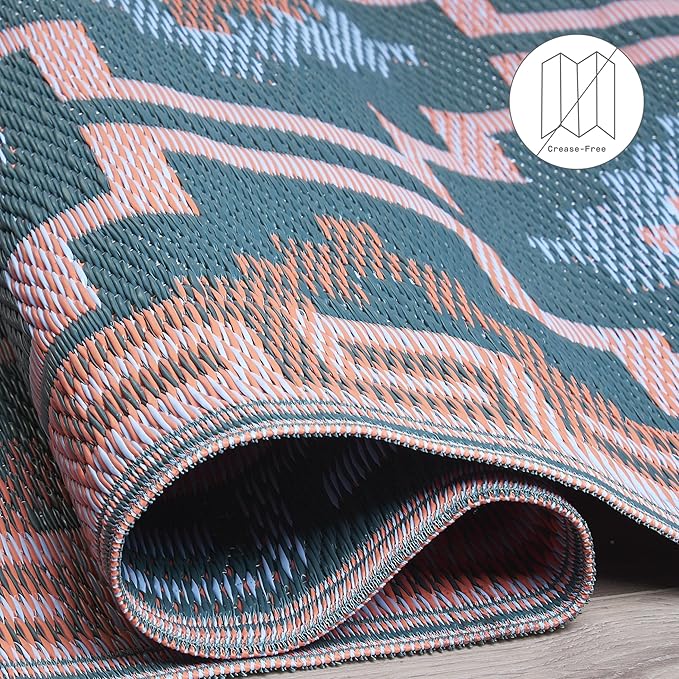 Fab Habitat Outdoor Rug - Waterproof, Fade Resistant, Crease-Free, Reversible - Premium Recycled Plastic - Vintage Boho Kilim - Patio, Porch, Deck, Balcony - Lhasa - Green - 5 x 8 ft