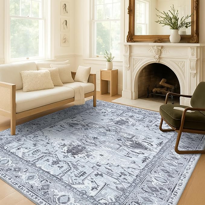 Washable Area Rug. Modern Farmhouse. Vintage. Turkish. Bohemian. Distressed. Oriental. Traditional. Rugs for Living Room. Dining. Bedroom. Office. Entryway. Foyer. (861GG, 7'5" x 9'8")