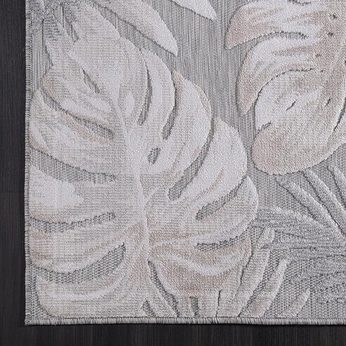 CAMILSON Indoor Outdoor Rug, Beige 10’x14’ Leaf Tropical Botanical Area Rugs for Indoor and Outdoor patios, Easy-Cleaning Non-Shedding Living Room, Garden and Kitchen Washable Outside Carpet (10x14)