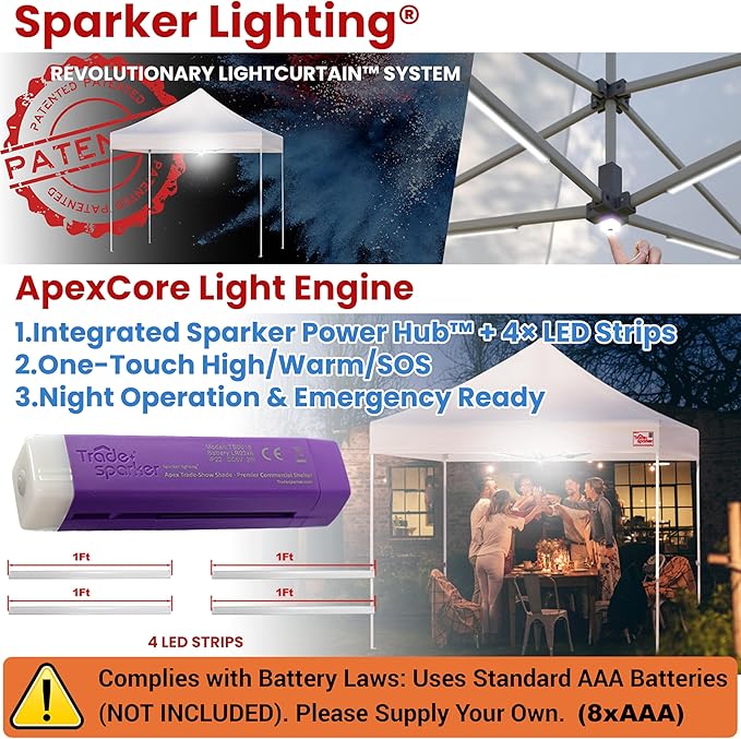 Tradesparker 10x15 Pop Up Canopy Tent,Commercial Movable Canopy with ApexCore LED&Rugged Casters-Instant Easy Setup Shelter Canopies with Weight Bags&Stakes for Outdoor Events Markets Vendors,White