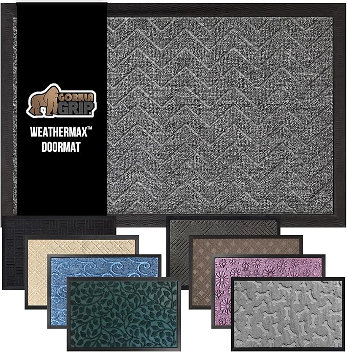 GORILLA GRIP 100% Waterproof All-Season WeatherMax Doormat 35x23, US Designed Natural Rubber, Stain and Fade Resistant, Low Profile Indoor Outdoor Door Mats, Easy Clean Patio Mat, Steel Chevron