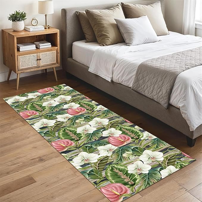 Runner Rug 2x8ft Non-Slip - Tropical Floral Watercolor Boho with Orchids & Leaves - Washable Entryway Carpet for Hallway, Bedroom, Dining Room - Green Pink Design