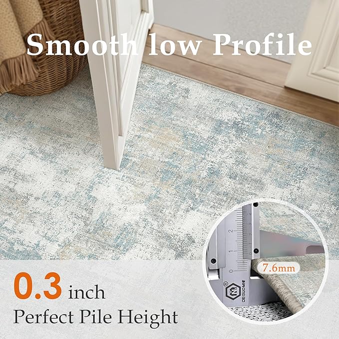 2x7 Washable Runner Rug Blue Cream Abstract Hallway Kitchen Throw Rug Neutral Modern Non Slip Soft Low Pile Lightweight Carpet for Bathroom Laundry Bedroom Living Room