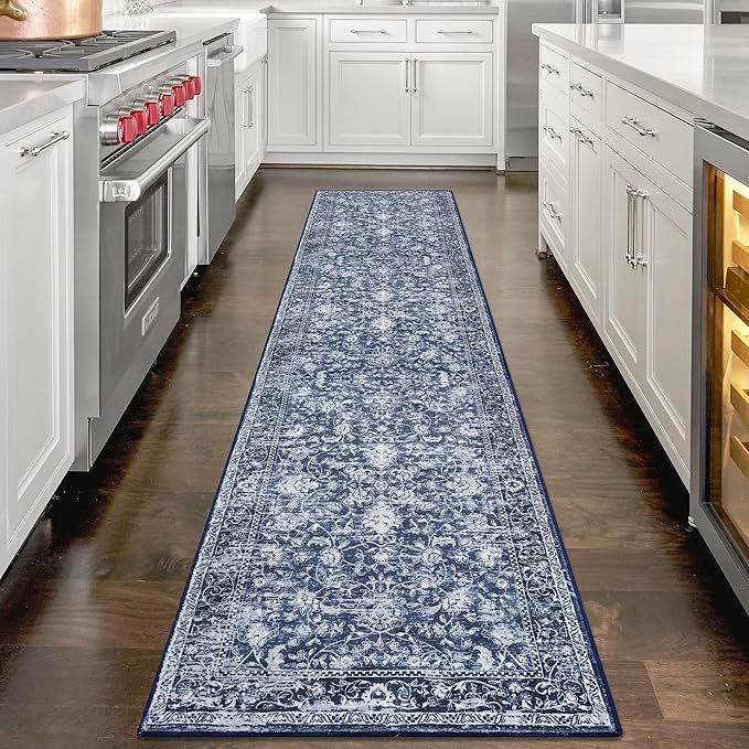KILOCOCO Hallway Runner 2x7 Rug Runner Printed Vintage Floral Washable Kitchen Runners Non-Slip Rubber Backed Runners for Hallways Laundry Room Distressed Boho Rugs for Entryway Bedroom, Blue