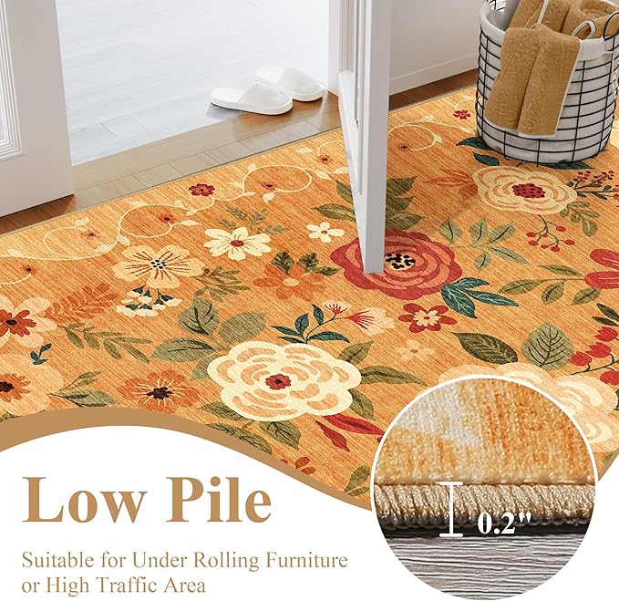DUKINO 2x3 Rugs for Entryway, Floral Indoor Washable Door Mat, Non Slip Boho Small Rug for Kitchen, Soft Low Pile Front Door Throw Rug for Entrance, Bedroom, Kitchen, Laundry, Bathroom, Orange