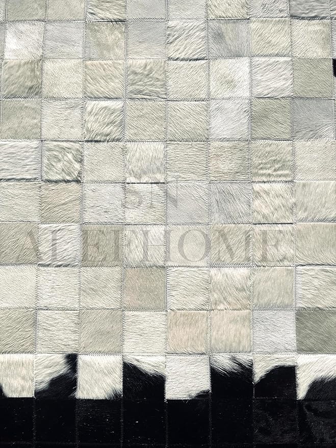 Round Geometric Patchwork Cowhide Leather Area Rug | Washable Non-Slip Carpet for Living Room, Bedroom & Home Décor(6x6 ft_White & Black)
