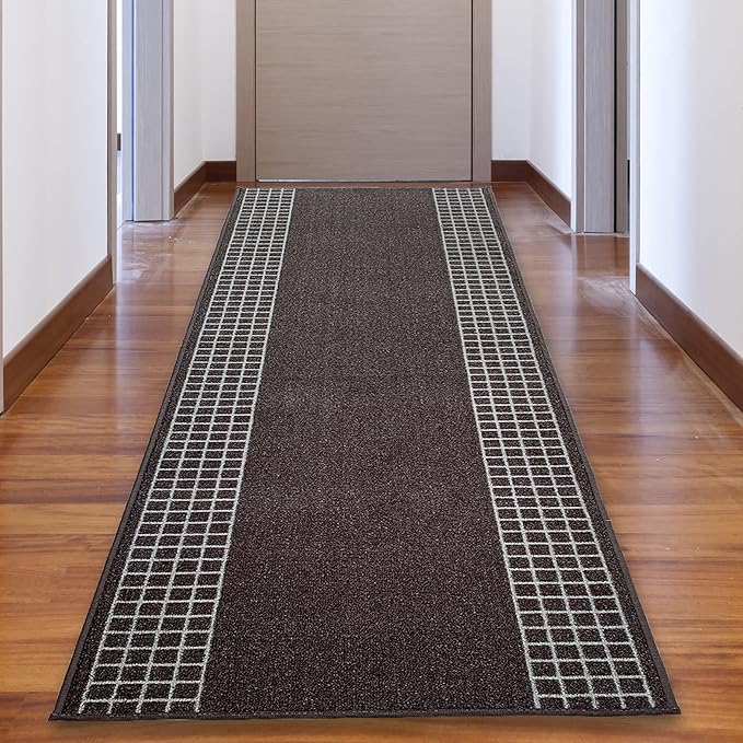 Custom Made Runner Rug for Kitchen Foyer Hallway Entry Choose Your Length 31 Inch Wide Geometric Checkered Design Brown Color (24 feet x 31 Inch)